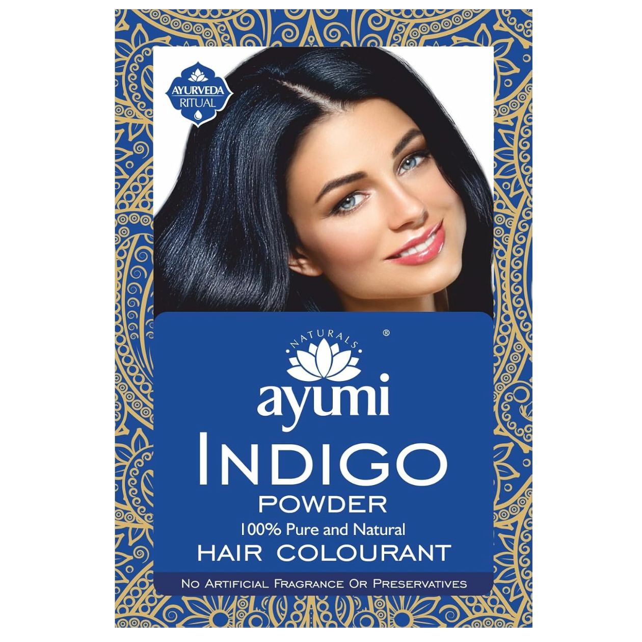 Ayumi 100% pure natural Indigo Powder herbal hair colour made from Indigofera tinctoria for naturally colouring hair black and covering grey hair.