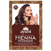Ayumi Naturals 100% Pure (Mehandi) Henna Powder packaging featuring a woman with long dark hair, traditional jewellery and henna-decorated hands. The product is described as a natural decorative colourant for hands and feet and a conditioning treatment for hair, made without artificial fragrance or preservatives.
