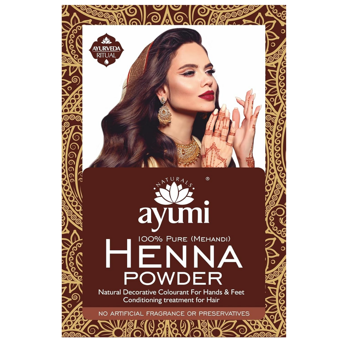 Ayumi Naturals 100% Pure (Mehandi) Henna Powder packaging featuring a woman with long dark hair, traditional jewellery and henna-decorated hands. The product is described as a natural decorative colourant for hands and feet and a conditioning treatment for hair, made without artificial fragrance or preservatives.