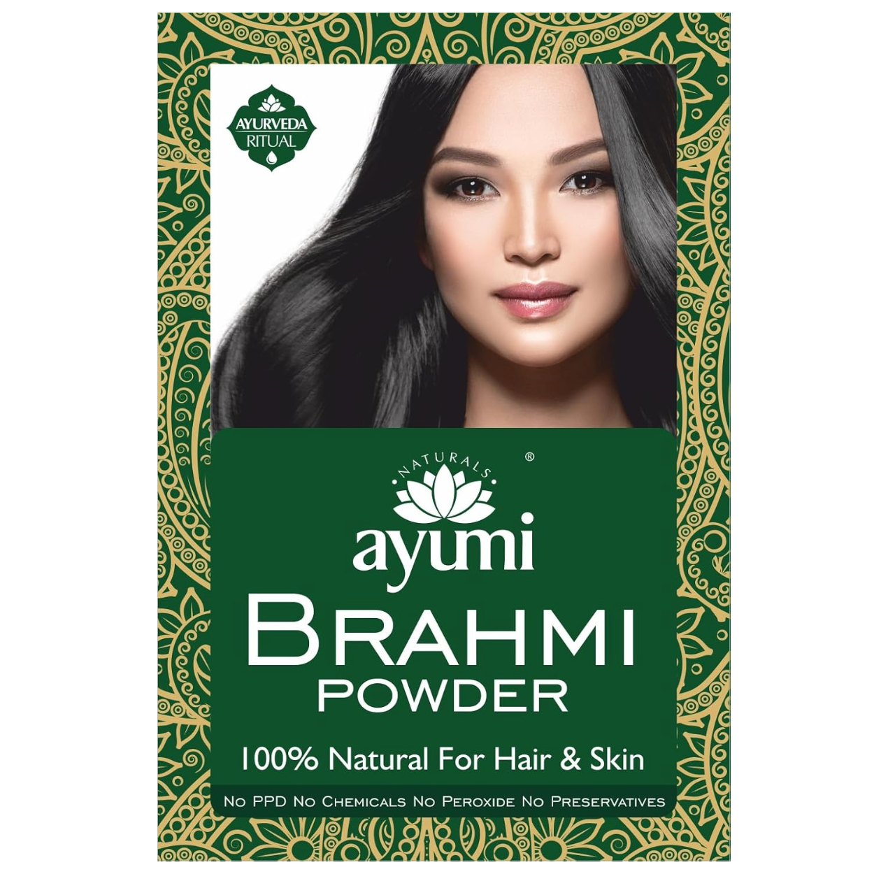 Ayumi Naturals Brahmi Powder packaging featuring a woman with long, glossy black hair. The product is described as 100% natural for hair and skin and is free from PPD, chemicals, peroxide and preservatives, with Ayurvedic-inspired green and gold decorative packaging.