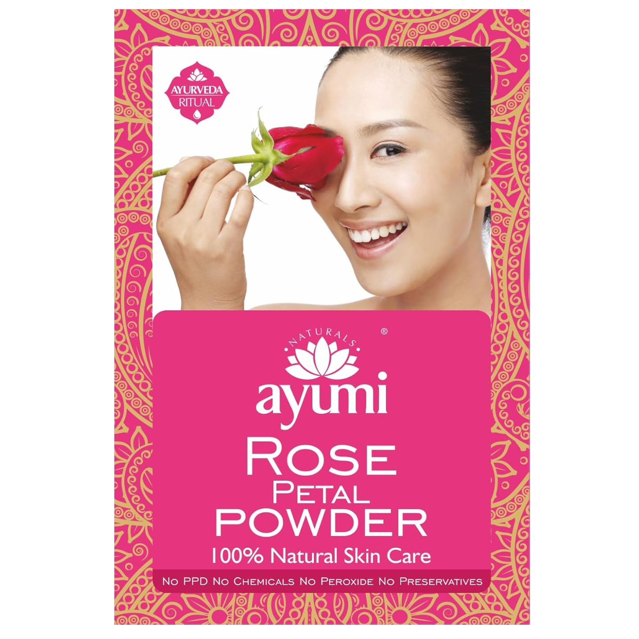 Ayumi Rose Petal Powder 100g natural facial powder made from dried rose petals to brighten skin, refresh the complexion, and support healthy-looking skin.