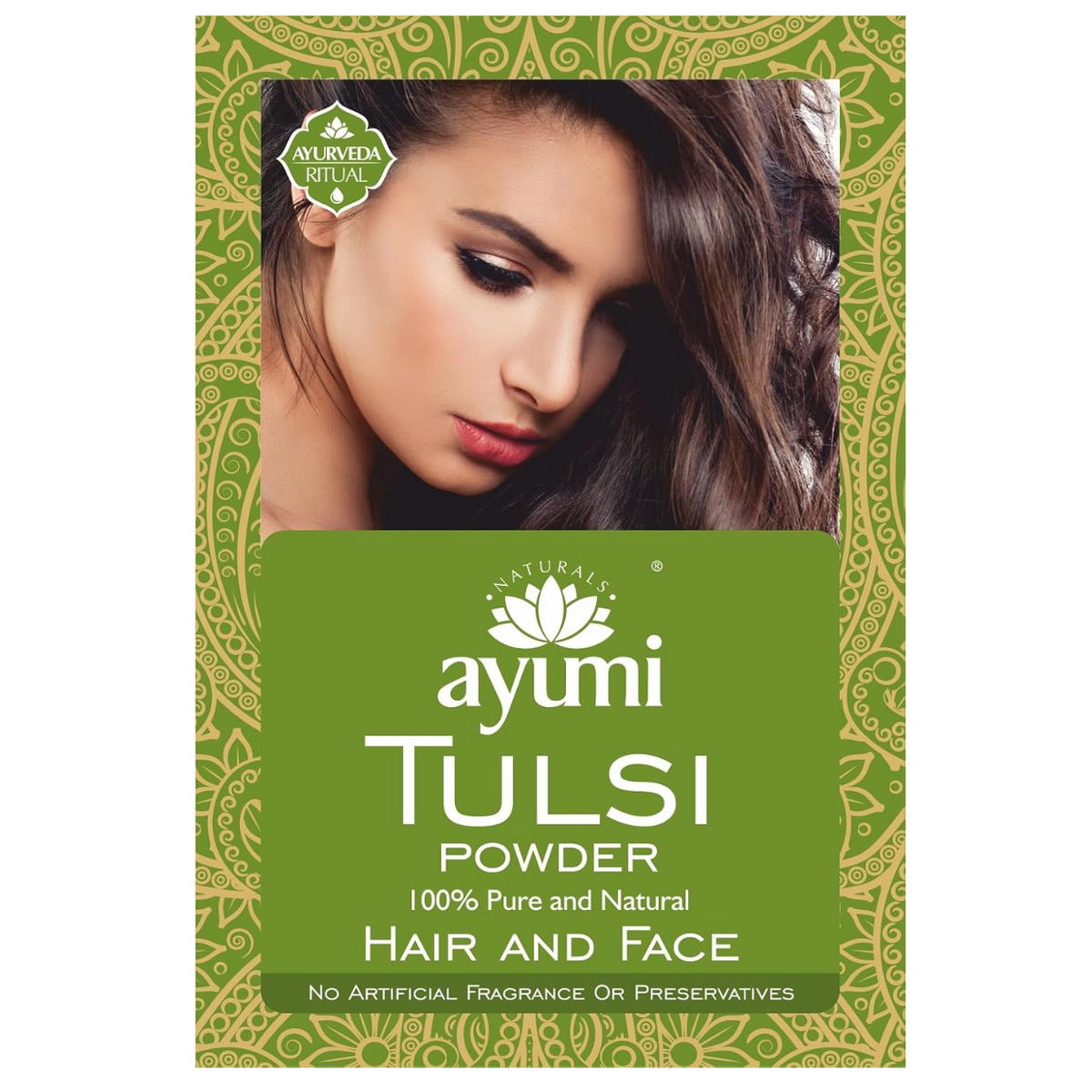 Ayumi Tulsi Powder 100g pure natural Ayurvedic powder for hair and face that helps cleanse the scalp, purify skin, and support healthy hair and complexion.