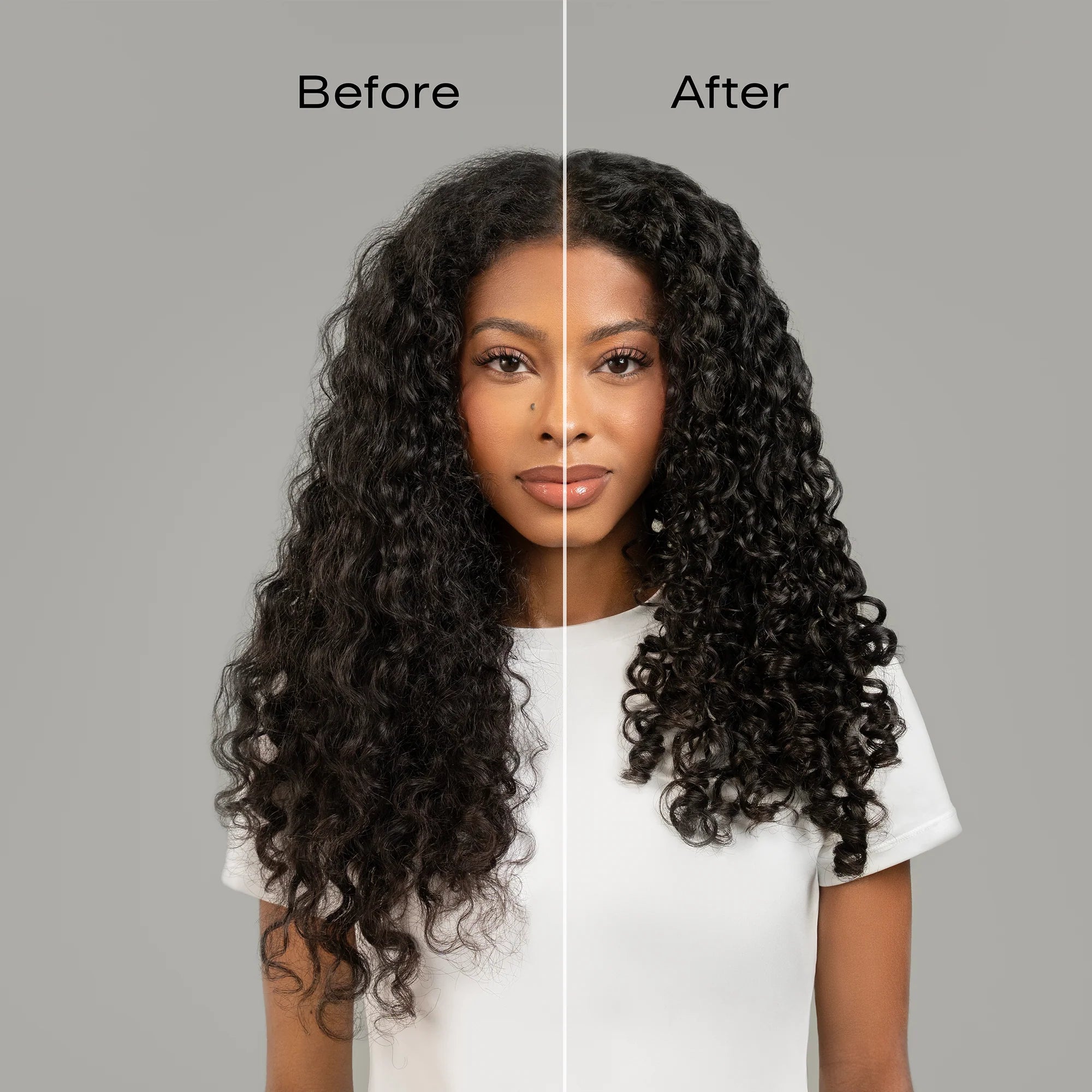 Before and after comparison of a woman with long, curly hair on a gray background. Balance Collection Scalp Exfoliator