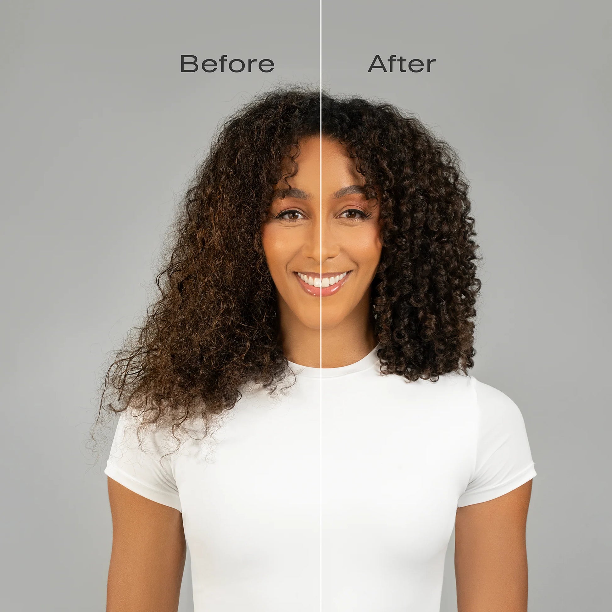 Before and after comparison of a woman with curly hair on a gray background using Balance Collection Scalp Exfoliator