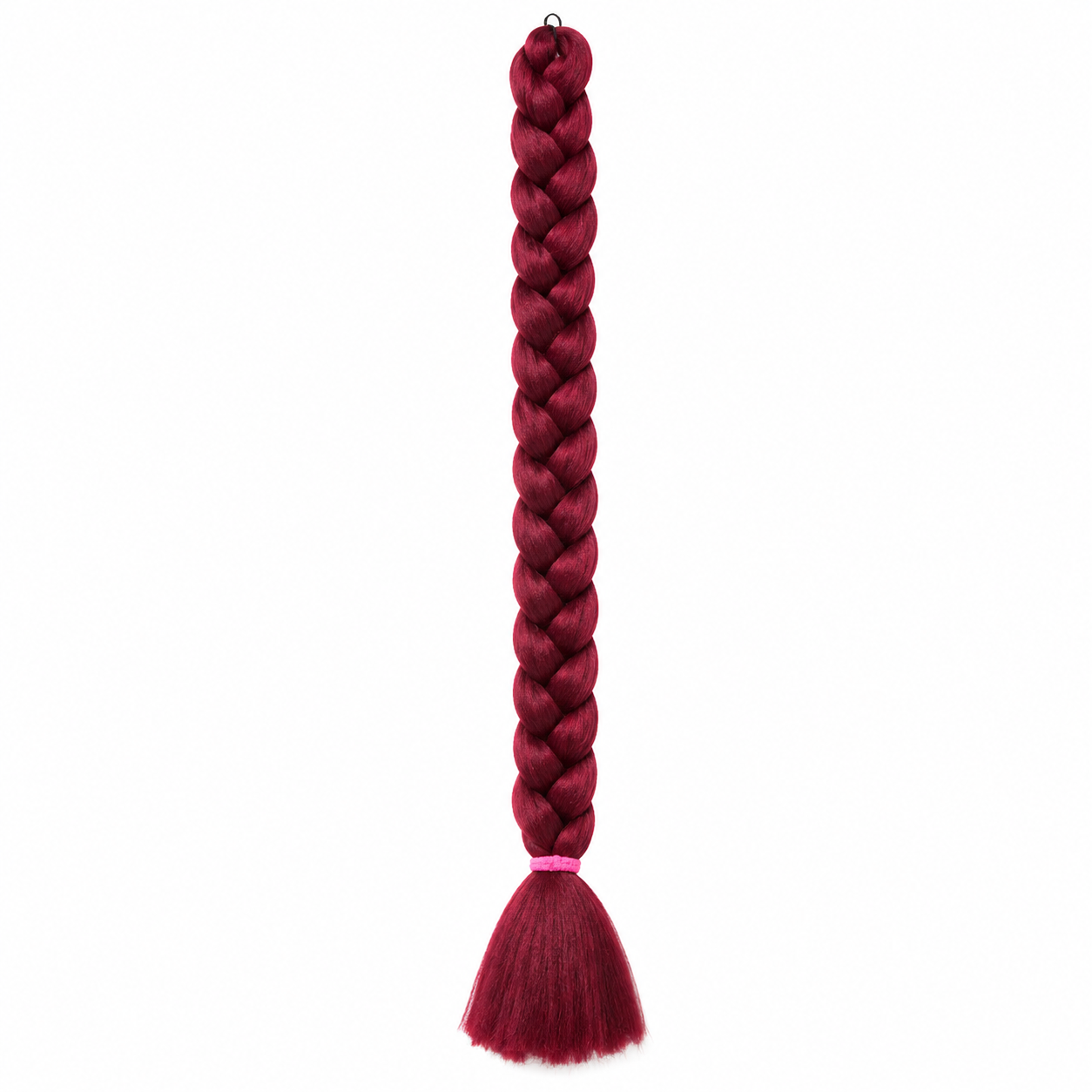 BG burgundy long synthetic braiding hair extension in a neat three-strand braid with a smooth tassel end secured by a pink elastic band, isolated on a clean white background