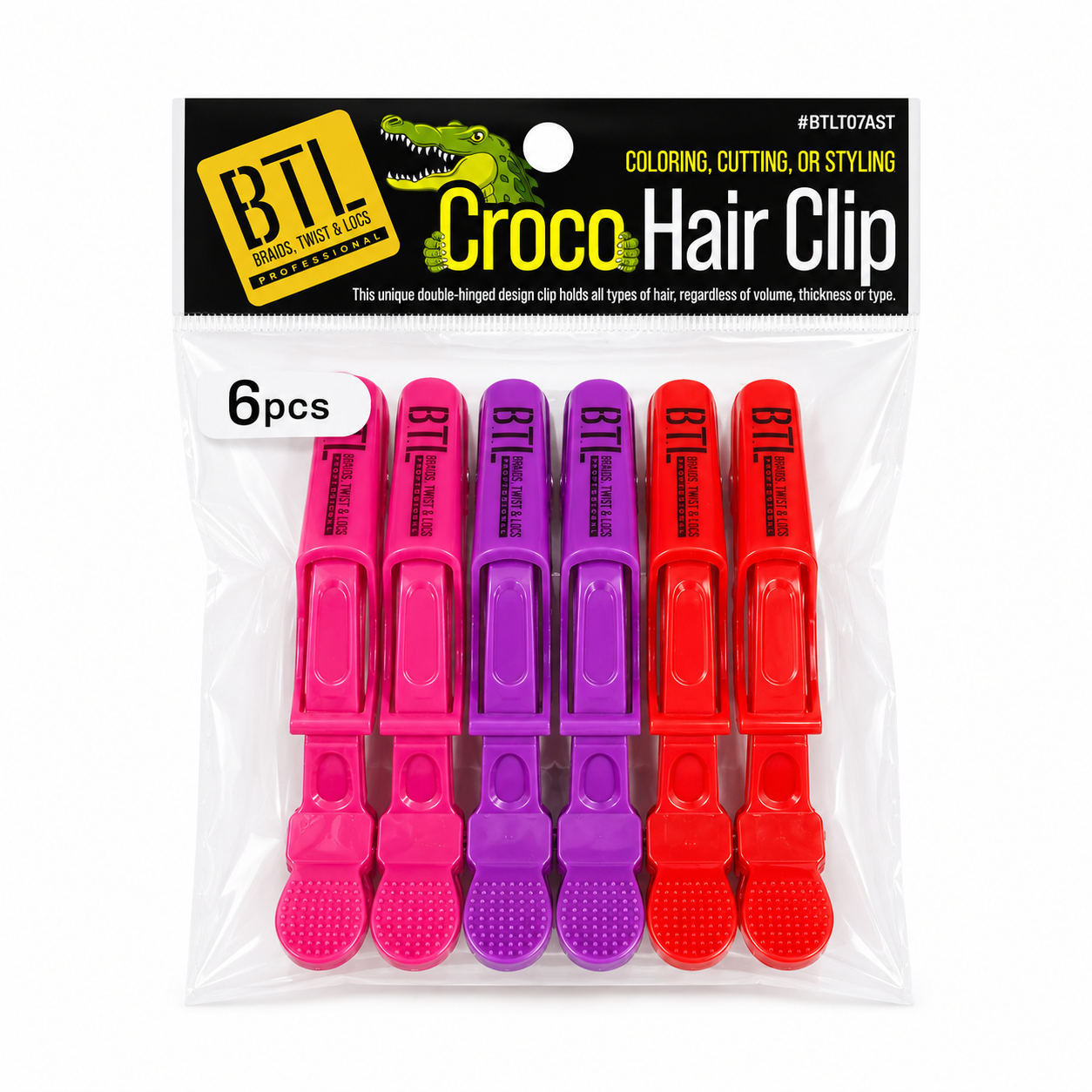 BTL Croco Hair Clips Assorted Colours 6 Pack professional double hinged salon sectioning clips in pink, purple and red for hair cutting, colouring, styling and blow drying. Durable alligator hair clips with secure non-slip grip for thick, curly, natural, textured and straight hair.