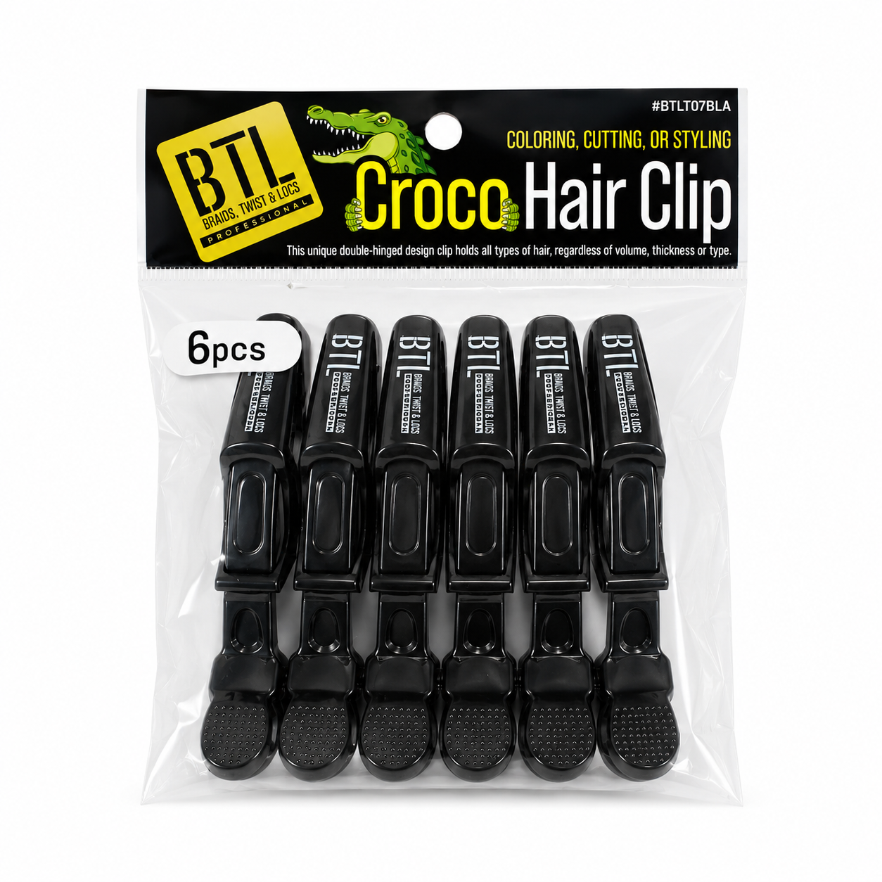 BTL Croco Hair Clips Black 6 Pack professional double hinged salon sectioning clips for hair cutting, colouring, styling, blow drying and braiding. Strong alligator hair clips suitable for thick, curly, natural, textured, straight and long hair with secure non-slip grip.
