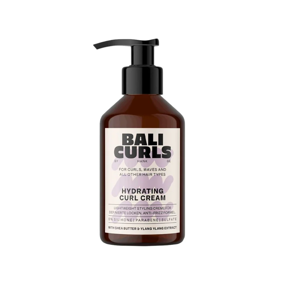 A pump bottle of Bali Curls lightweight Hydrating Curl Cream with product information and branding visible. 