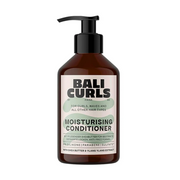 A bottle of Bali Curls Moisturising Conditioner with a pump dispenser, labeled for curls, waves, and all hair types.