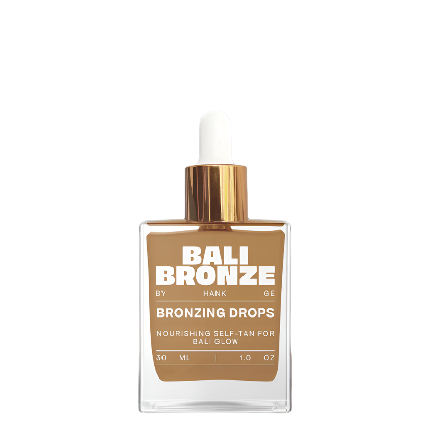 Bottle of Bali Bronze bronzing drops with a brown swatch on a white background