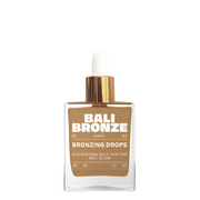 Bottle of Bali Bronze bronzing drops with a brown swatch on a white background