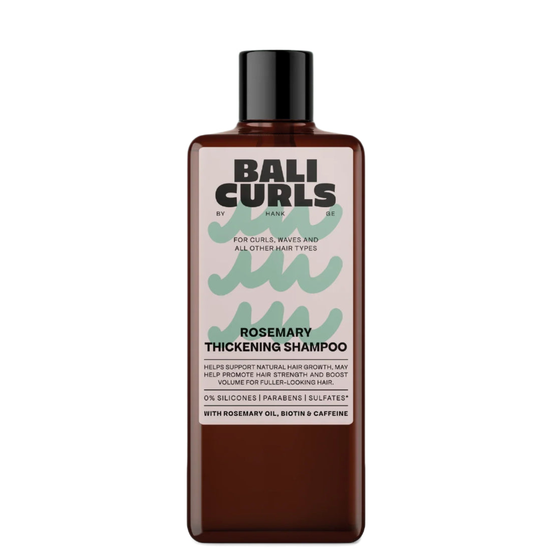 Bottle of Bali Curls Rosemary Thickening Shampoo on a light green background