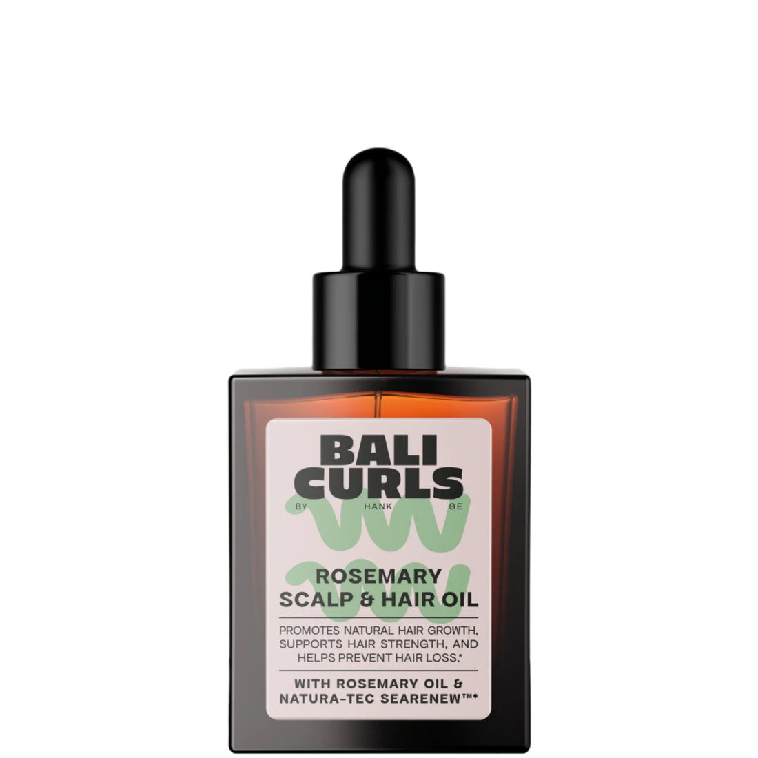 Bottle of Bali Curls Rosemary Scalp & Hair Oil on a light green background