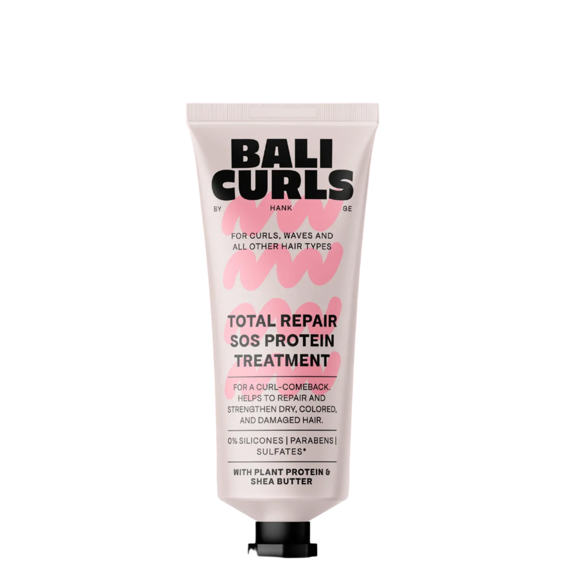 Tube of Bali Curls Total Repair SOS Protein Treatment on a pink background