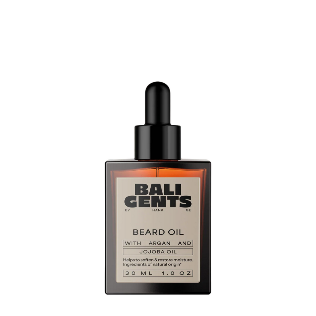 Bottle of Bali Gents beard oil with a dropper on a beige background
