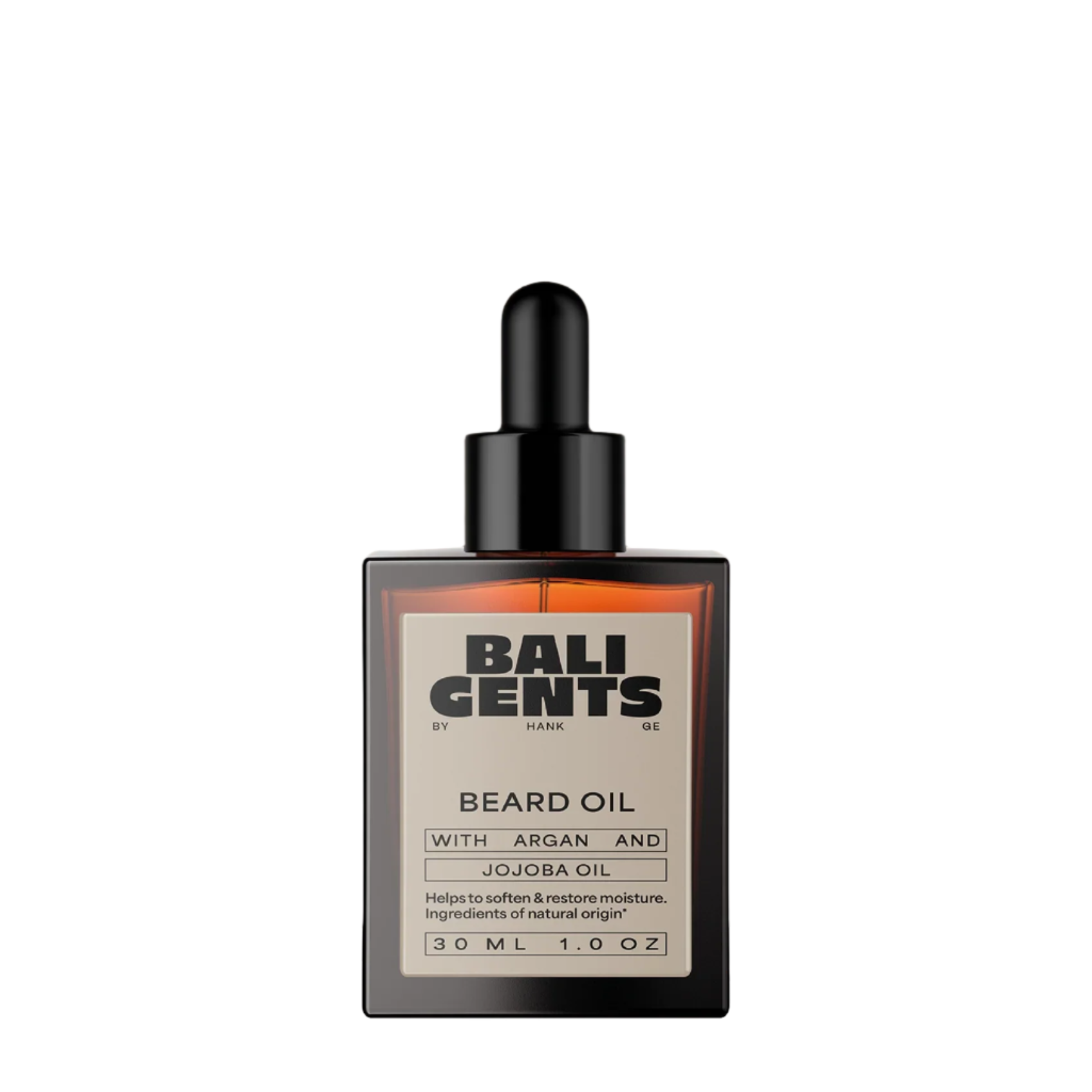 Bottle of Bali Gents beard oil with a dropper on a beige background