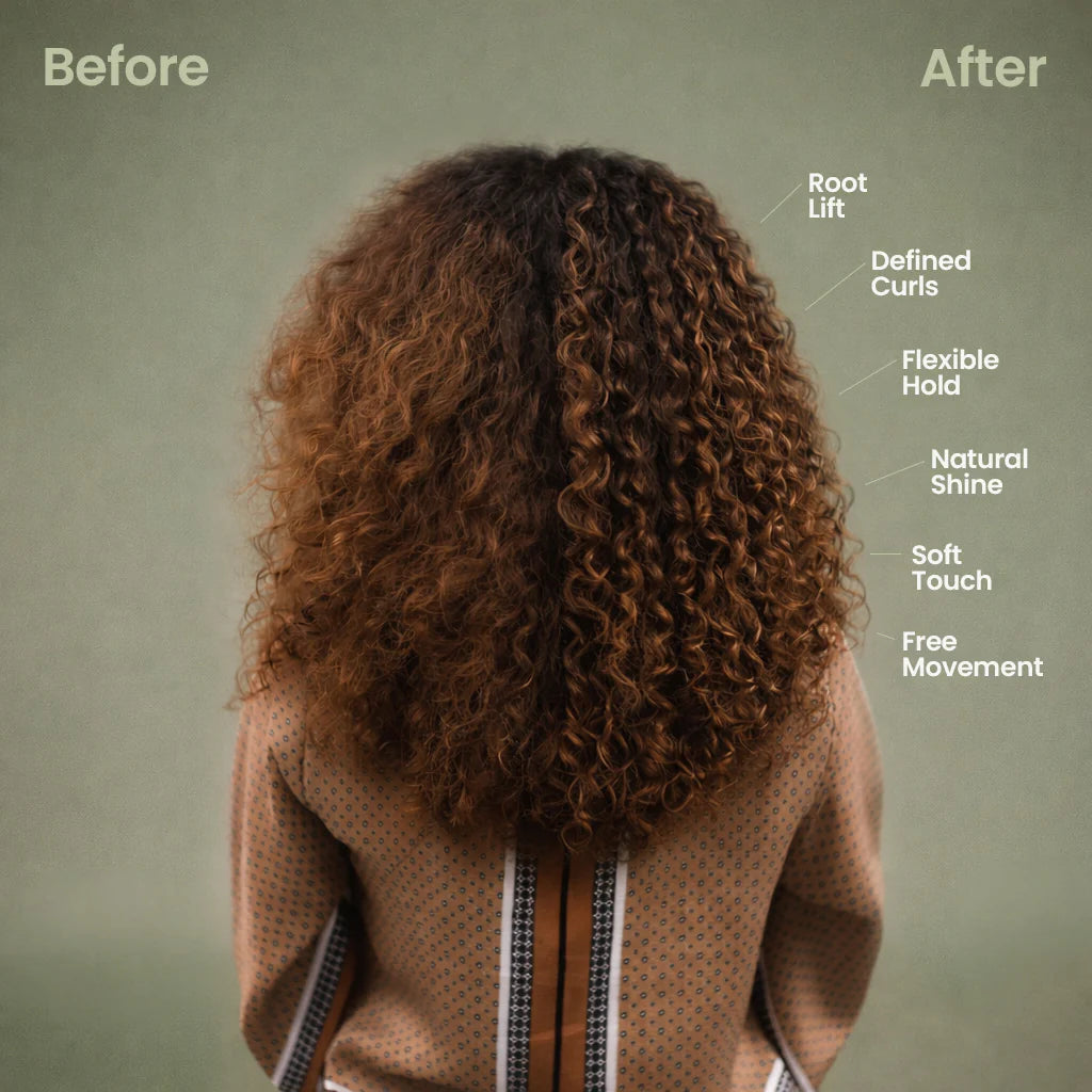Before and after comparison of curly hair with text labels on a green background