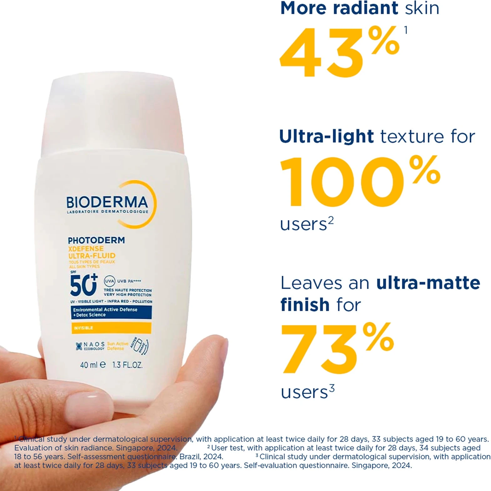 Bioderma Photoderm XDefense Ultra Fluid SPF50+ Invisible 40ml hand holding product with finishing benefits