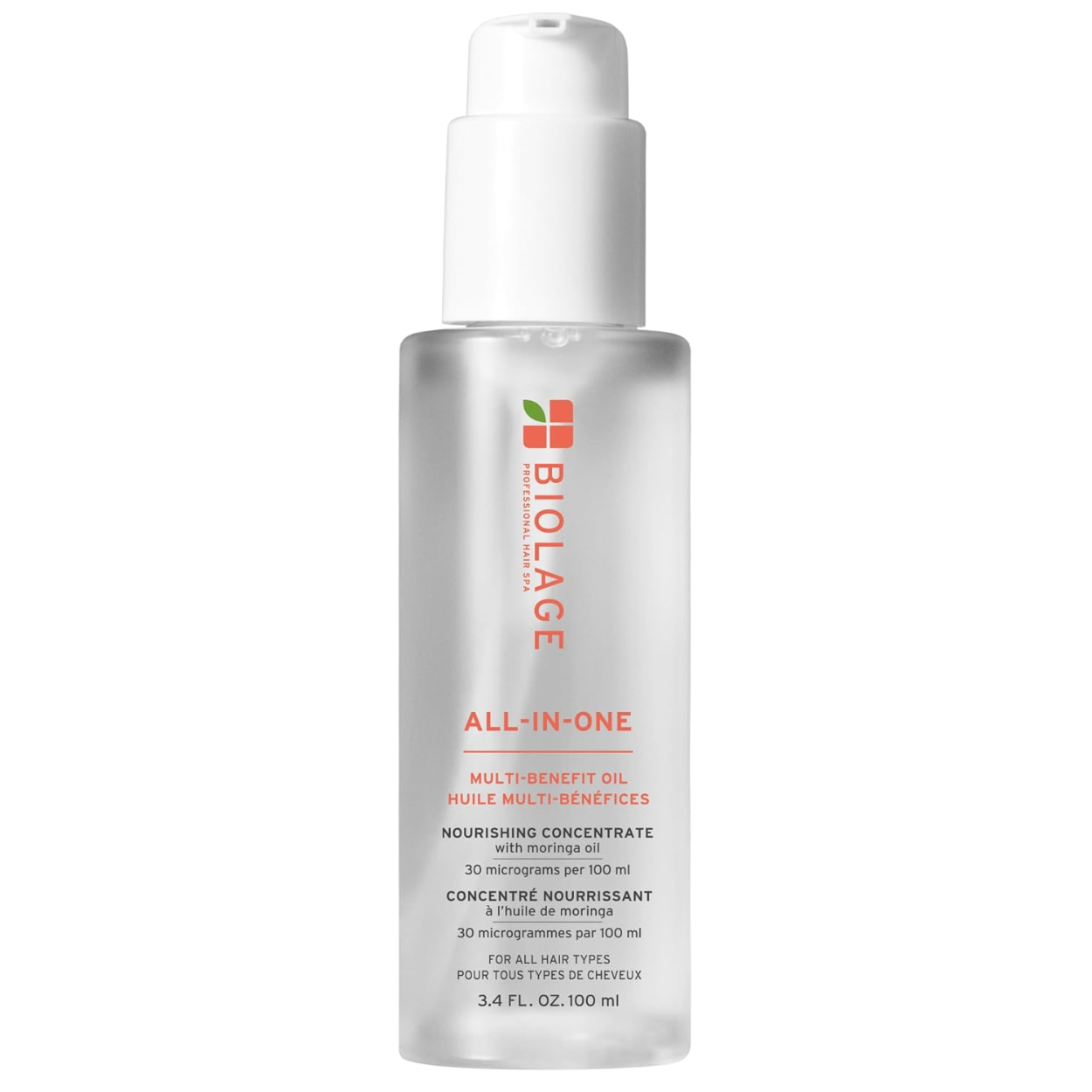 Biolage Professional All-In-One Multi-Benefit Oil 100ml with moringa oil for lightweight nourishment, frizz control, shine and softness for all hair types.