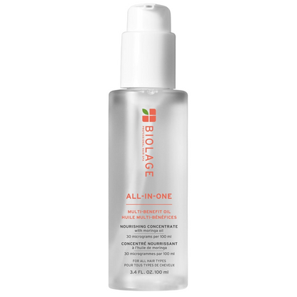 Biolage Professional All-In-One Multi-Benefit Oil 100ml with moringa oil for lightweight nourishment, frizz control, shine and softness for all hair types.