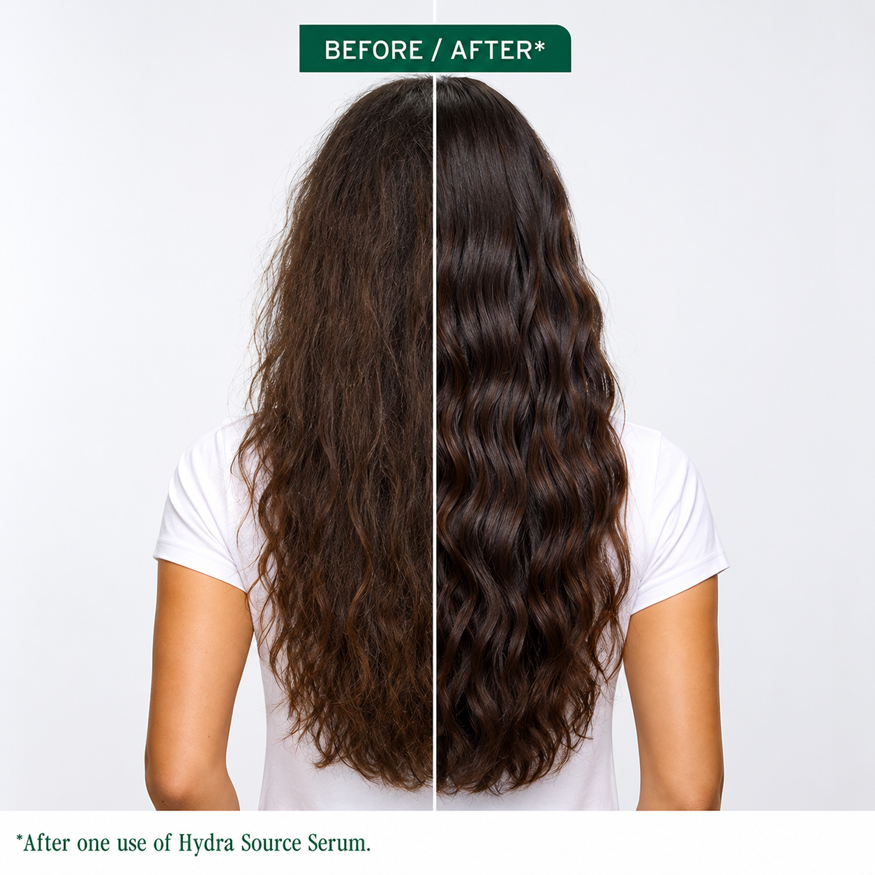 Before and after results on type 2-3 hair using Biolage Hydra Source Moisture Method Scalp + Hair Serum showing smoother, more hydrated hair