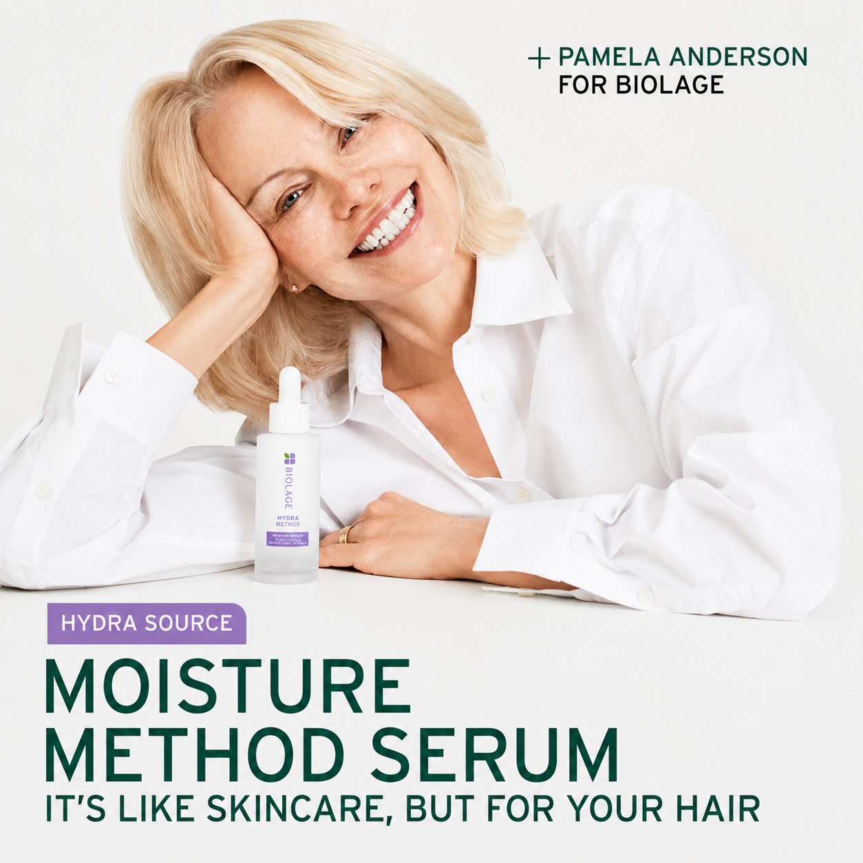 Pamela Anderson with Biolage Hydra Source Moisture Method Scalp + Hair Serum for healthy, hydrated hair