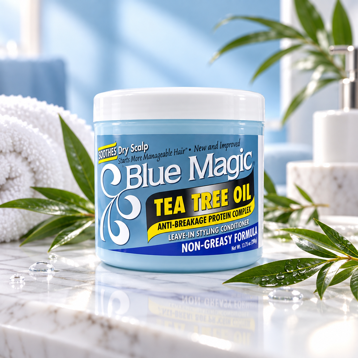 Blue Magic Tea Tree Oil Anti-Breakage Protein Complex Leave-In Styling Conditioner 13.75oz for dry scalp and softer manageable hair