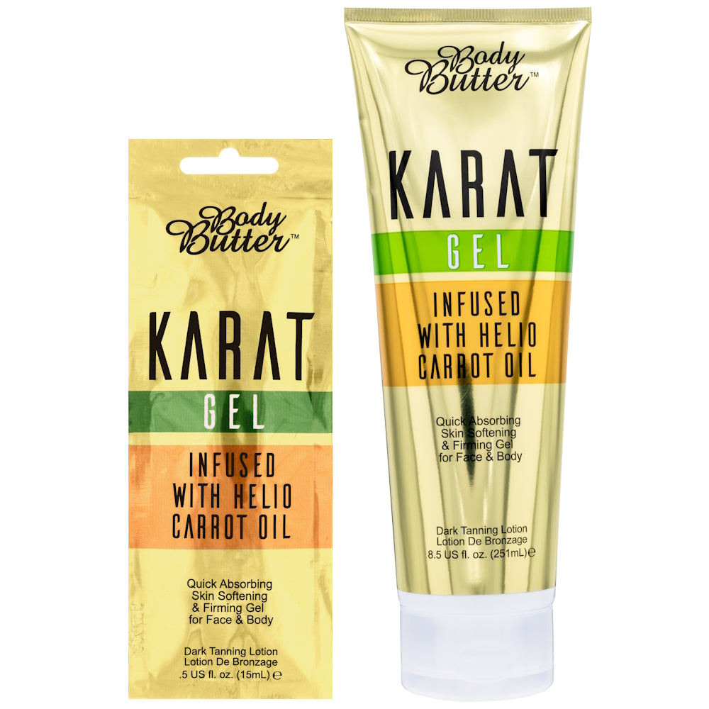 Body Butter Karat Gel Dark Tanning Lotion available in 15ml sachet and 251ml tube at Kiyo Beauty