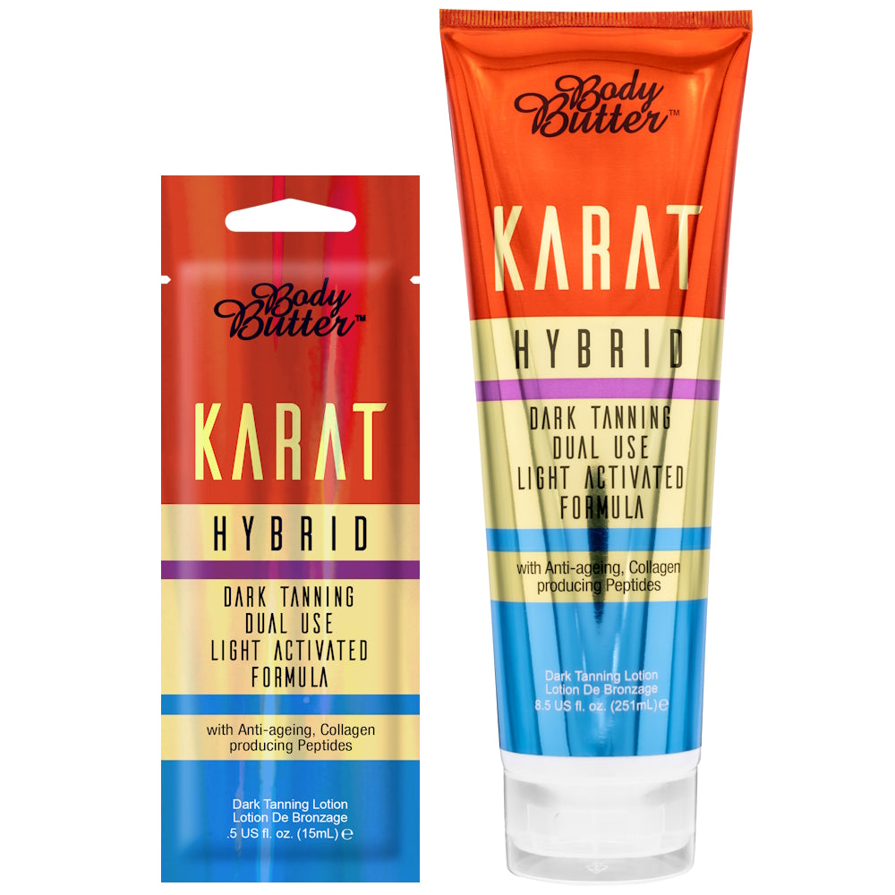 Body Butter Karat Hybrid Dark Tanning Lotion available in 15ml sachet and 251ml tube at Kiyo Beauty