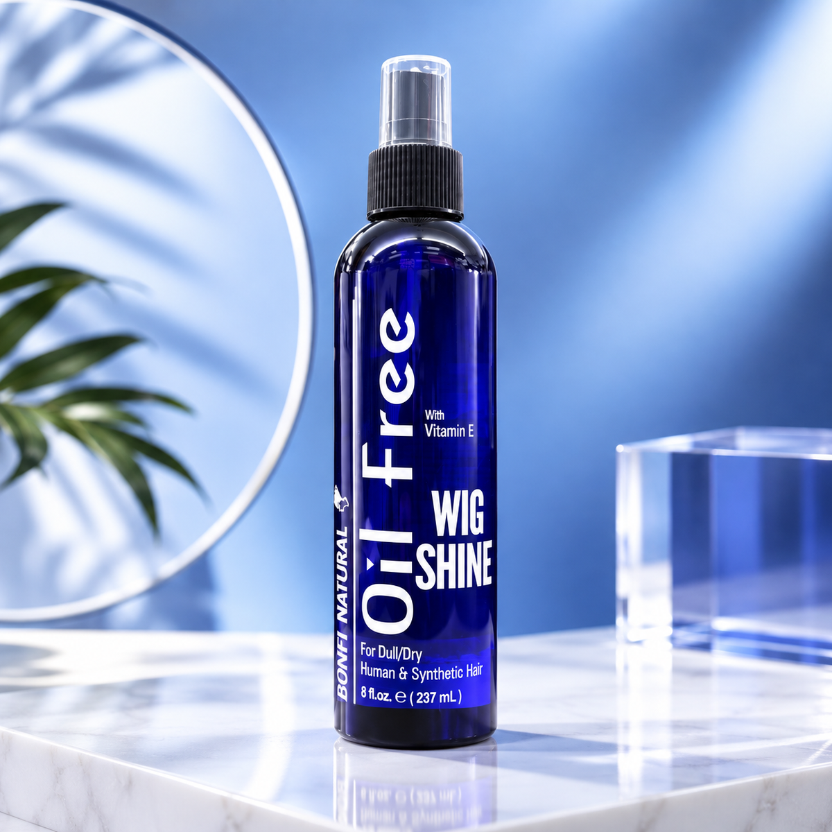 Bonfi Natural Oil Free Wig Shine with Vitamin E 8oz spray for dull dry human and synthetic hair wigs weaves and extensions
