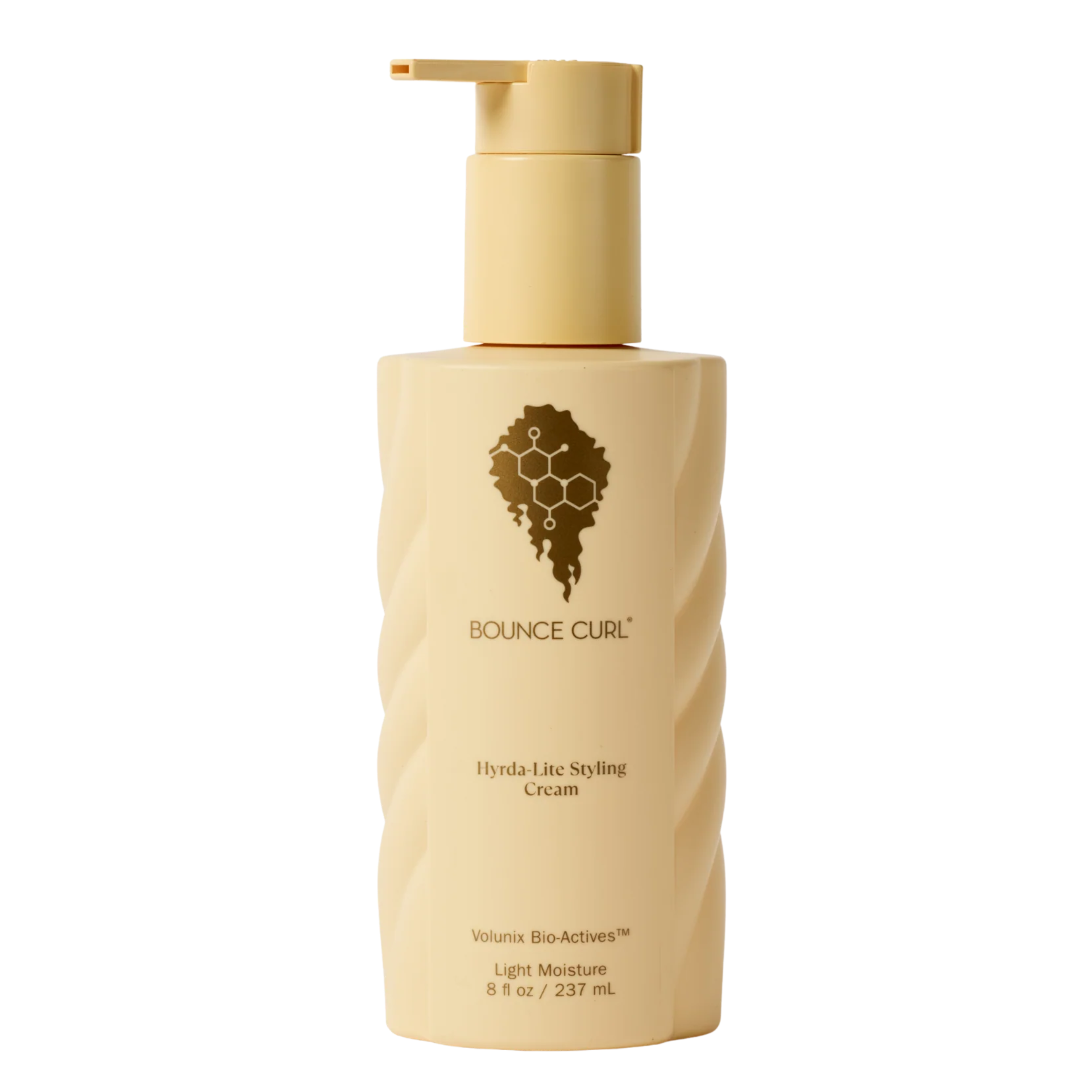 Bottle of Bounce Curl weightless hydralite styling cream on a white background