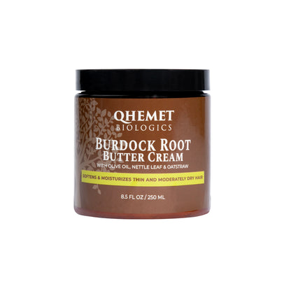 Jar of Qhemet Biologics Burdock Root Butter Cream on a white background