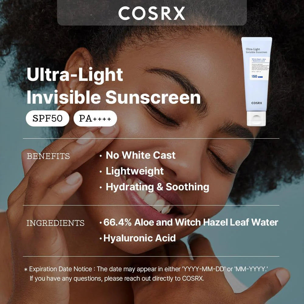 COSRX ultra light invisible sunscreen spf50 pa++++ 50ml benefits and ingredients infographic