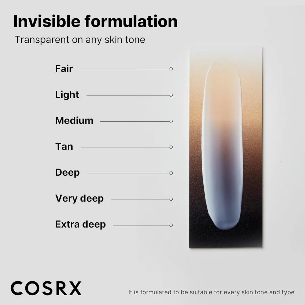 COSRX ultra light invisible sunscreen spf50 pa++++ 50ml invisible formulation spectrum ranging from fair to extra deep skin