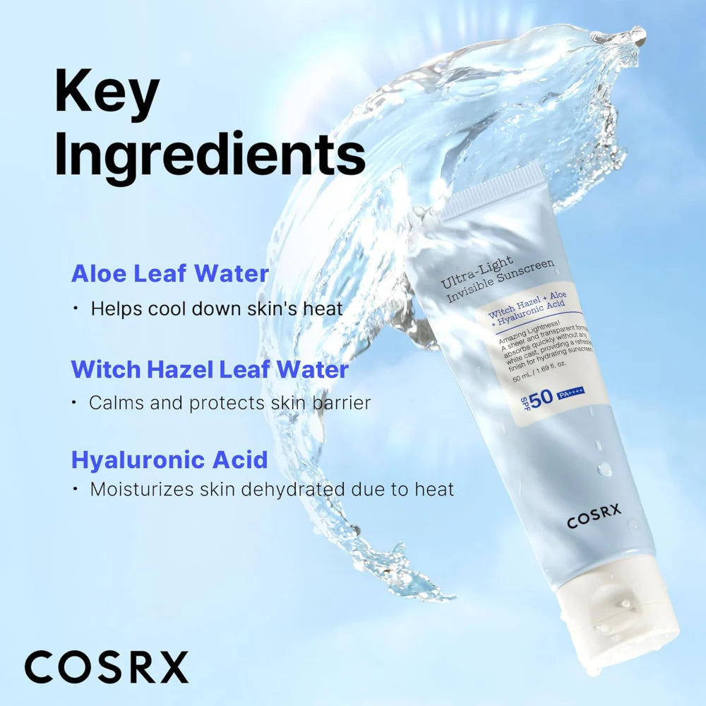 COSRX ultra light invisible sunscreen spf50 pa++++ 50ml key ingredients info aloe leaf water, witch hazel leaf water, hyaluronic acid 