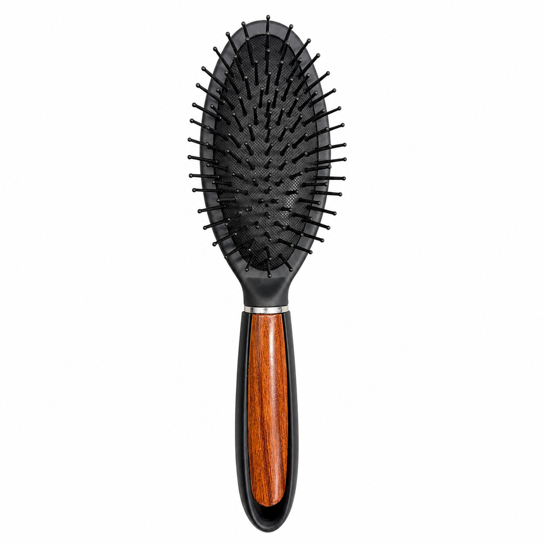 CS Beauty Cushion Brush with wood-effect handle – gentle detangling hairbrush for reducing breakage, smoothing hair and massaging the scalp.
