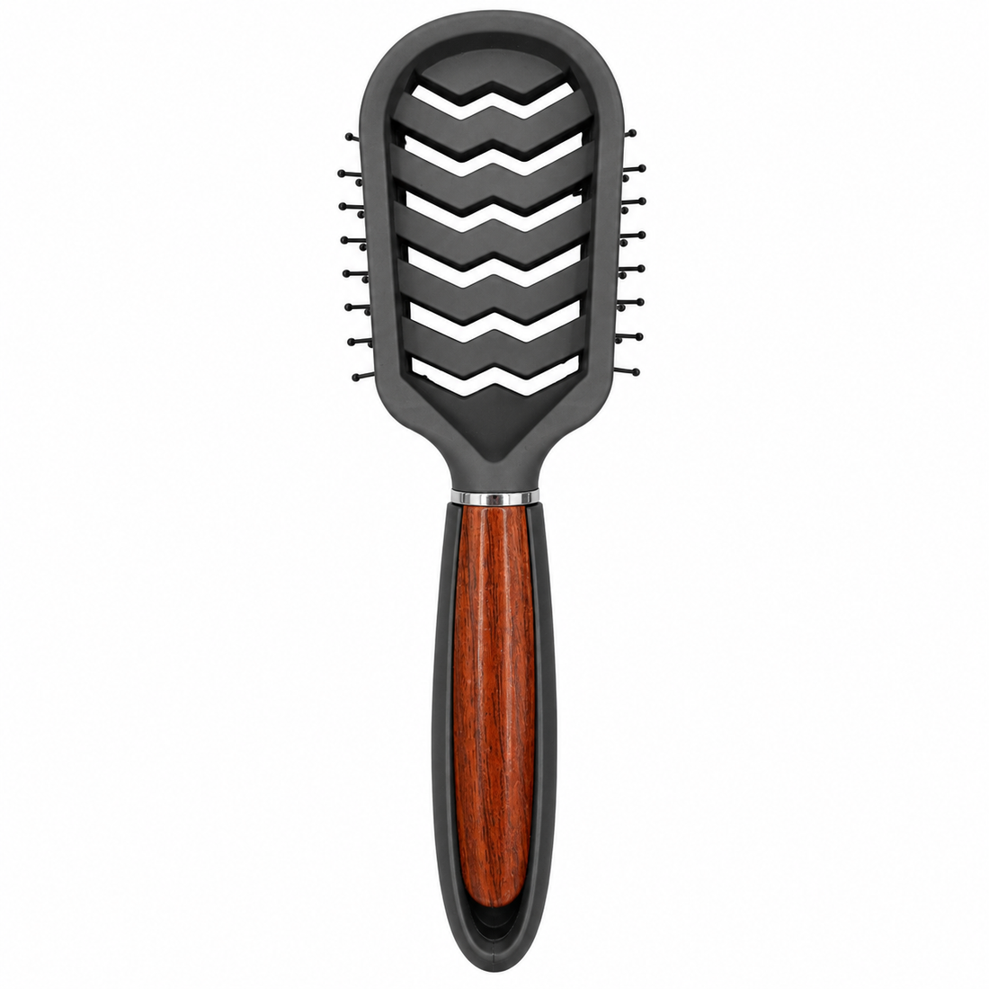 Back view of CS Beauty Vent Brush with wood-effect handle – breathable vent design for faster airflow and efficient styling.
