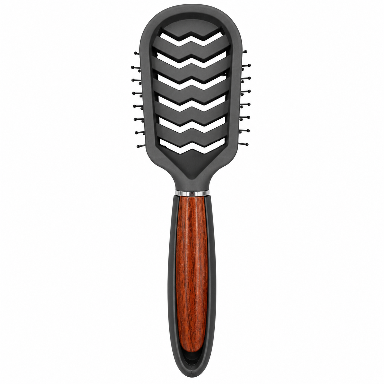 Back view of CS Beauty Vent Brush with wood-effect handle – breathable vent design for faster airflow and efficient styling.
