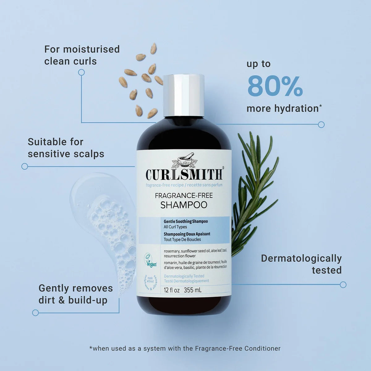 Curlsmith fragrance-free shampoo bottle with product features on a blue background.Curlsmith Fragrance-Free Shampoo | Kiyo Beauty. Infographic