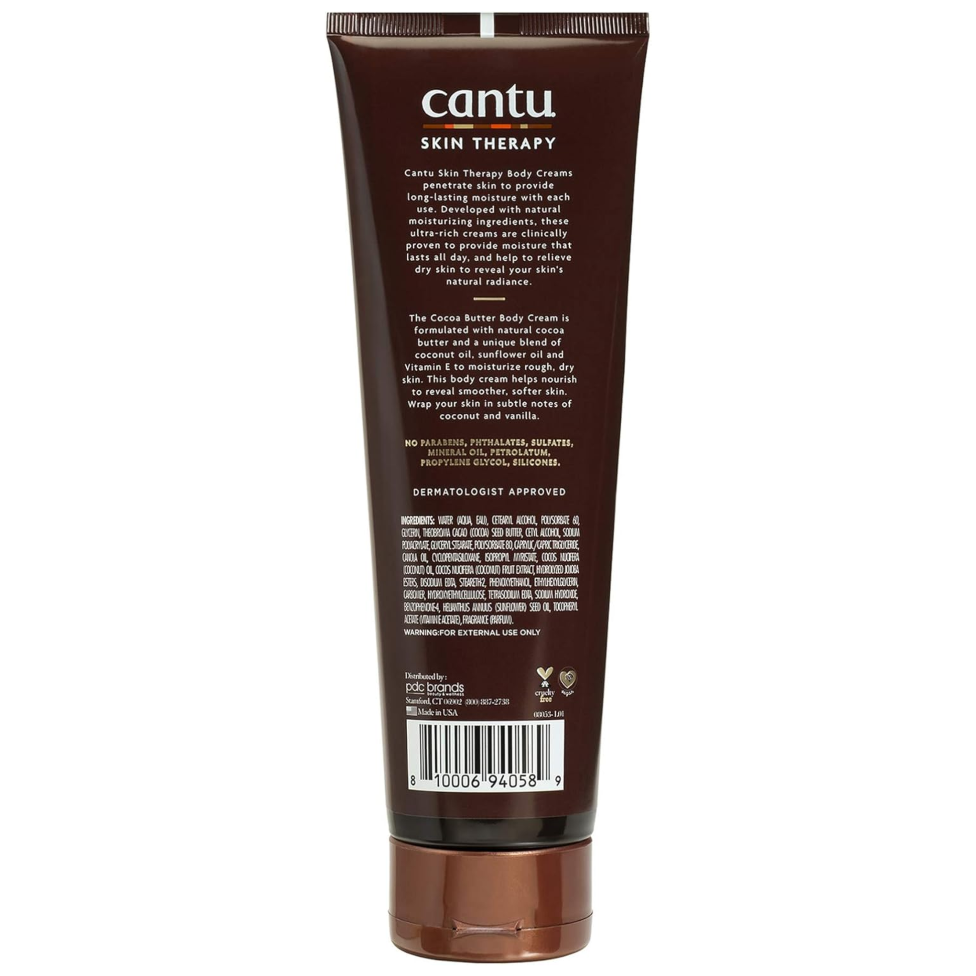 Cantu Skin Therapy Shea Butter Hydrating Body Cream 240g back of brown tube, ingredients list, barcode on a clean white background