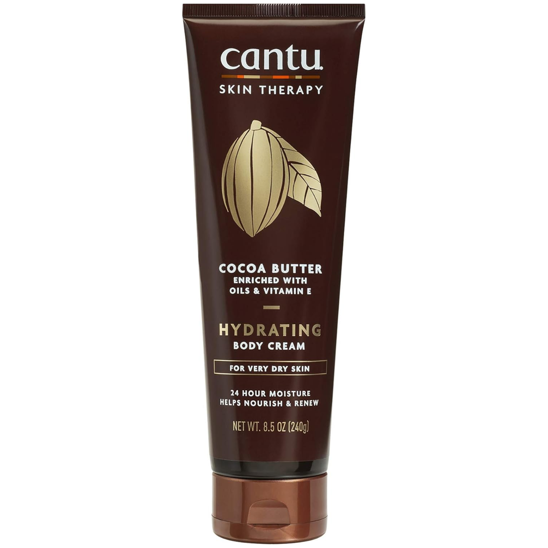 Cantu Skin Therapy Cocoa Butter Body Cream dark brown tube with cocoa flip top cap on a clean white background