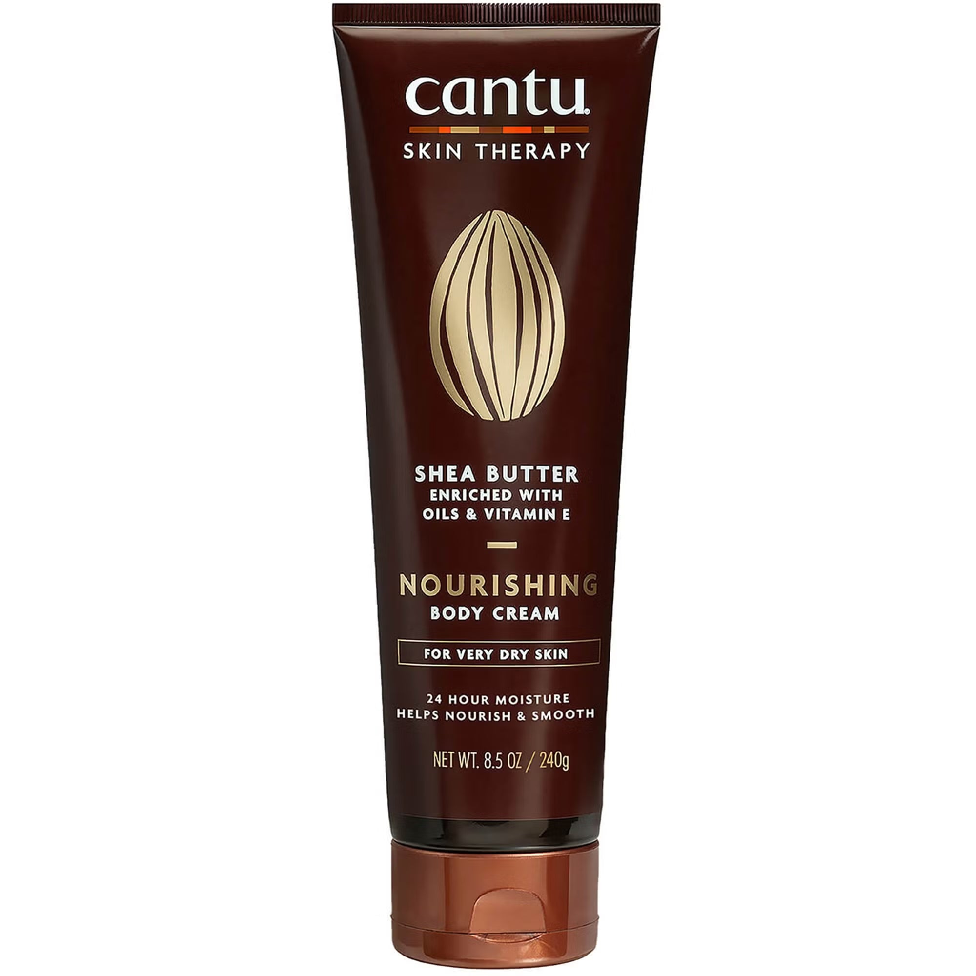 Cantu Skin Therapy Shea Butter Nourishing Body Cream 240g enriched with oils and vitamin e for dry and very dry skin, dark brown tube against a white background