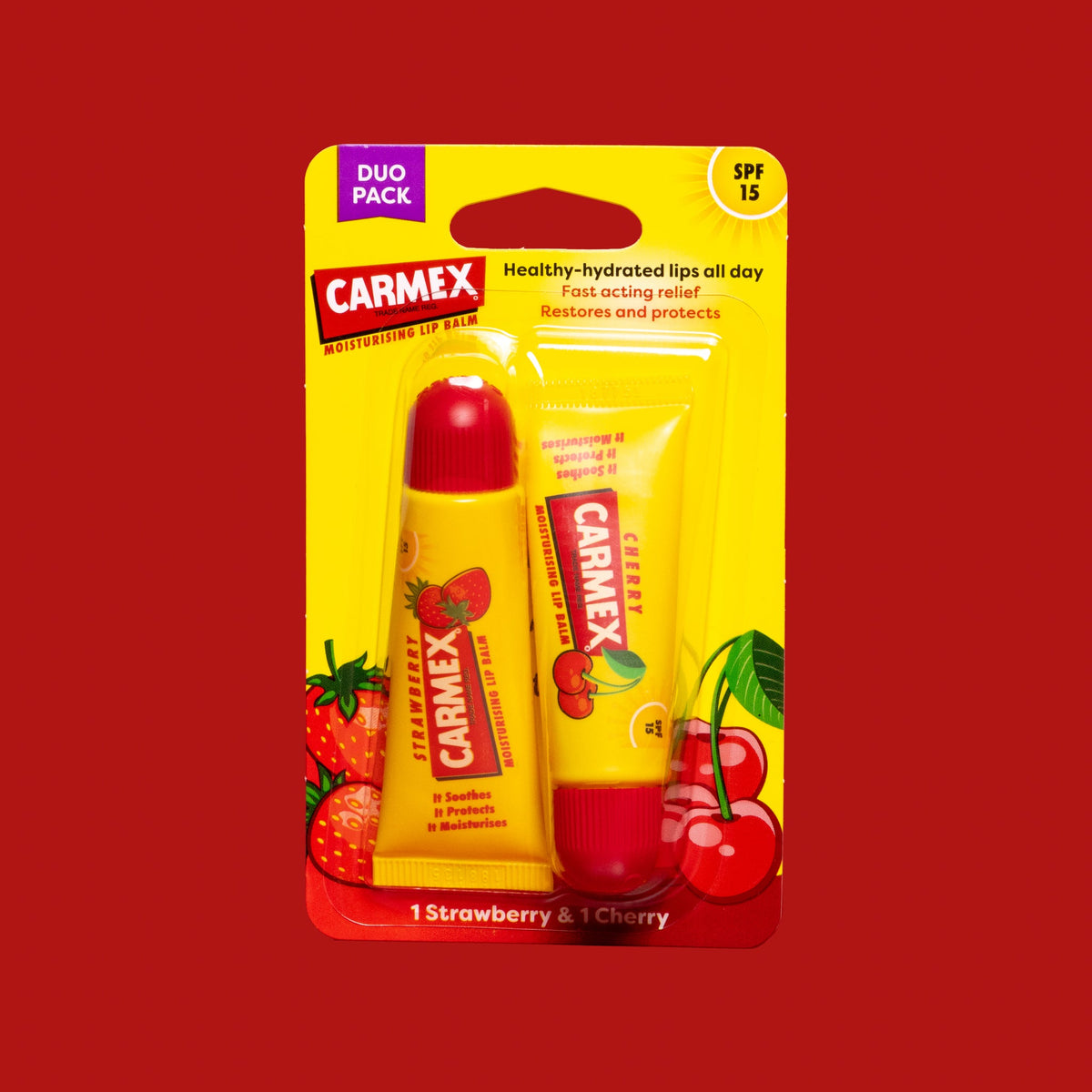 Carmex Strawberry & Cherry Lip Balm Tube Duo Pack SPF 15