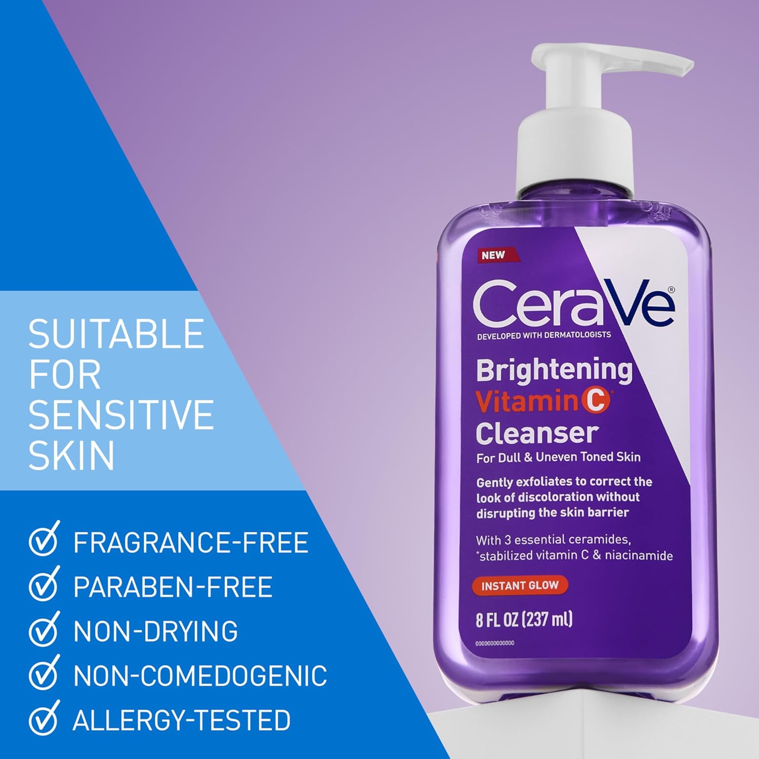 CeraVe Brightening Vitamin C Cleanser 236ml suitable for sensitive skin, fragrance-free, paraben-free, non-drying, non-comedogenic and allergy-tested.