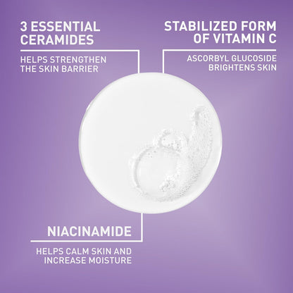 CeraVe Brightening Vitamin C Cleanser ingredients featuring stabilized Vitamin C (Ascorbyl Glucoside), three essential ceramides and niacinamide for brighter, healthier-looking skin.