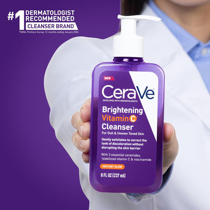 Dermatologist holding CeraVe Brightening Vitamin C Cleanser 236ml, a facial cleanser formulated to brighten dull skin and support the skin barrier.