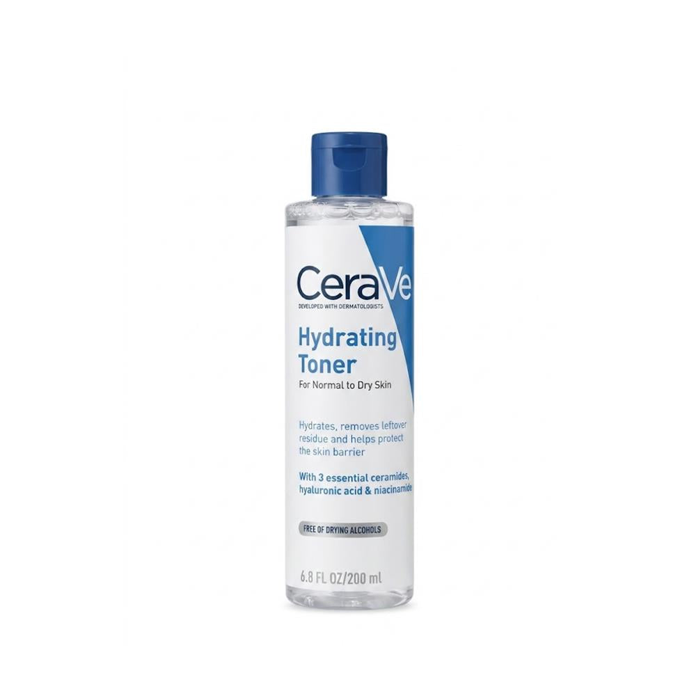 A bottle of CeraVe Hydrating Toner with a blue cap and white and blue label, shown on a plain white background.
