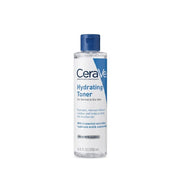 A bottle of CeraVe Hydrating Toner with a blue cap and white and blue label, shown on a plain white background.