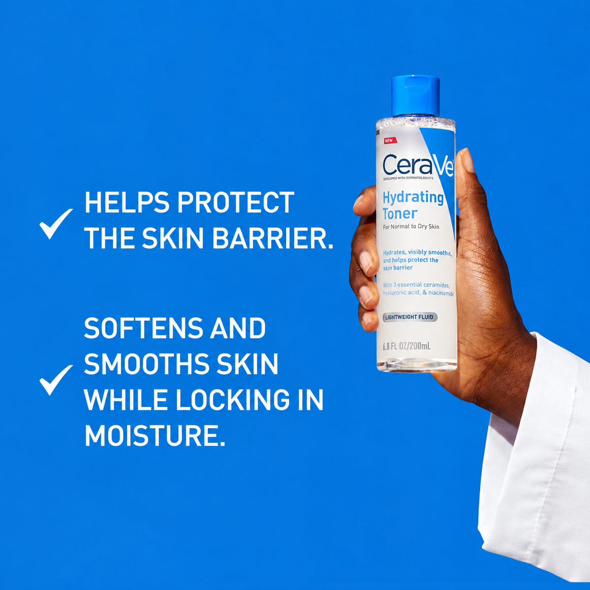 A hand holding a bottle of CeraVe Hydrating Toner against a bright blue background, with white text on the left highlighting skin barrier protection and moisturizing benefits.