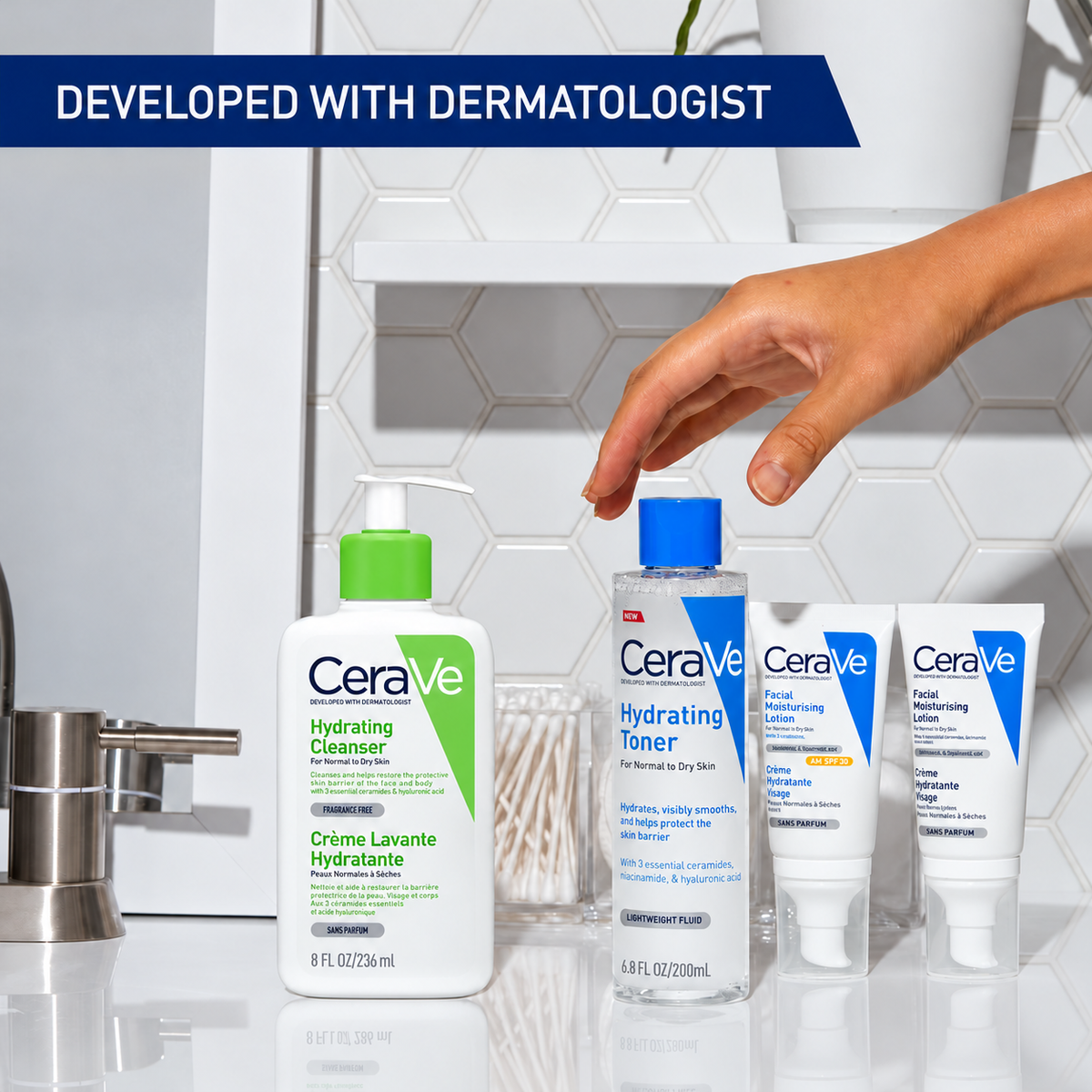 A hand reaches toward a CeraVe Hydrating Toner bottle in a bright bathroom setting, with other CeraVe skincare items visible on a reflective white counter. A blue banner at the top reads 'DEVELOPED WITH DERMATOLOGIST'.